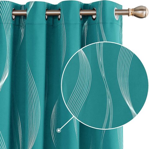 CURTAIN FOIL PRINTED WAVE 84" TURQUOISE GROMMET